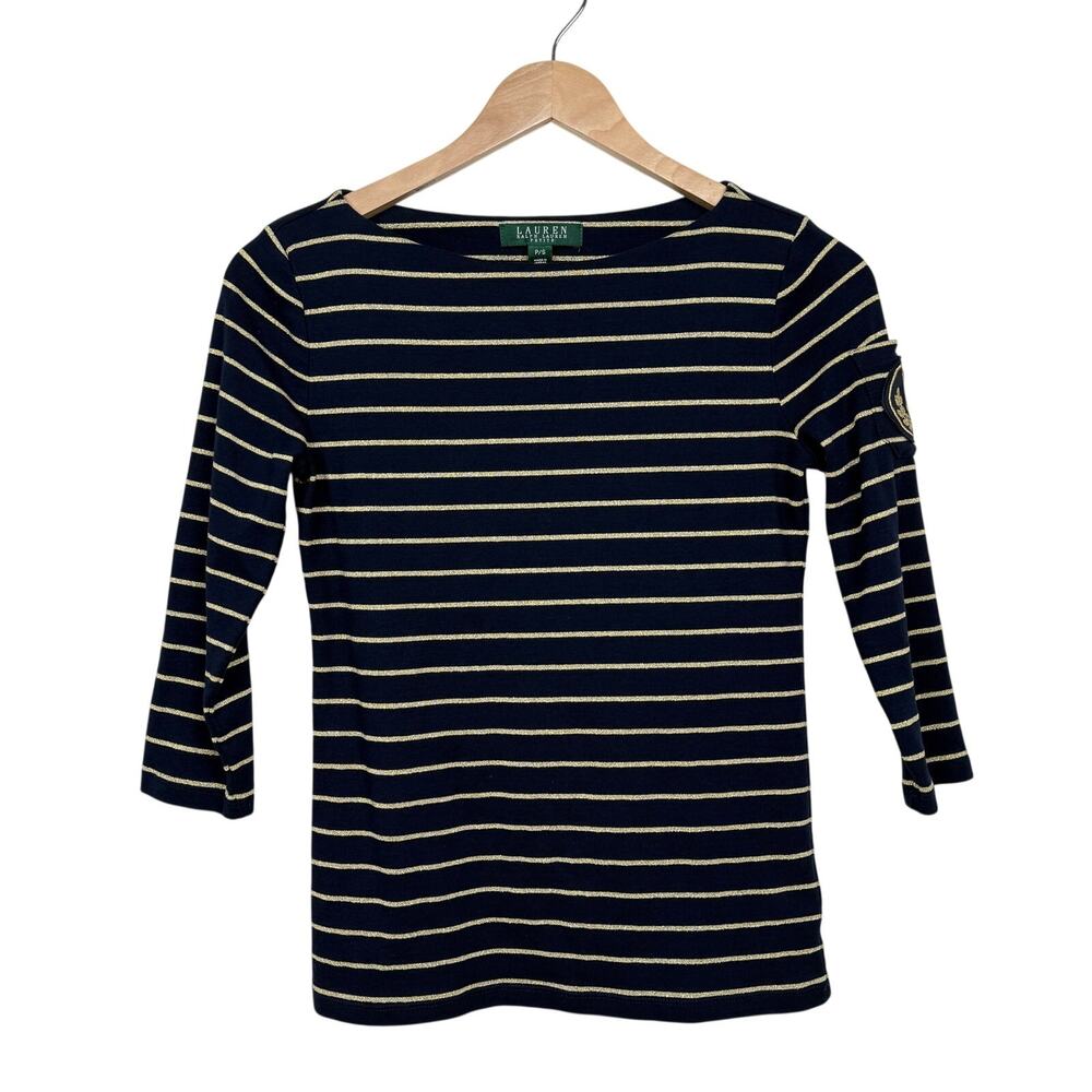 Lauren Ralph Lauren 3/4 Sleeve Top Cotton Metallic Stripe Boatneck Preppy PS